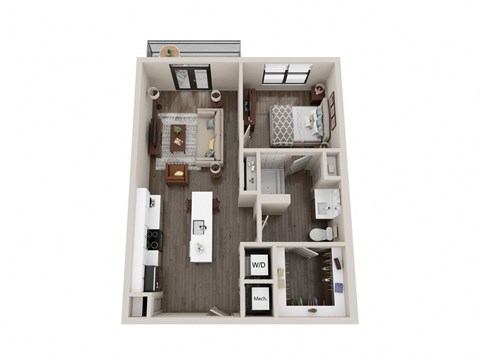 Floor plan for 1 bed, 1 bath, 733 sqft